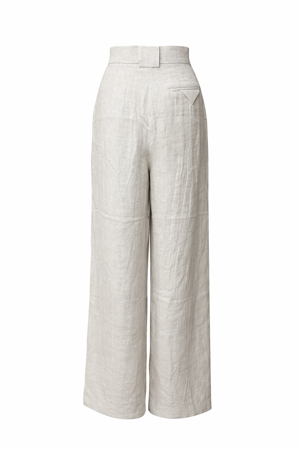 Back view of stone linen wide-leg trousers with tailored waistband and rear pocket detail on white background