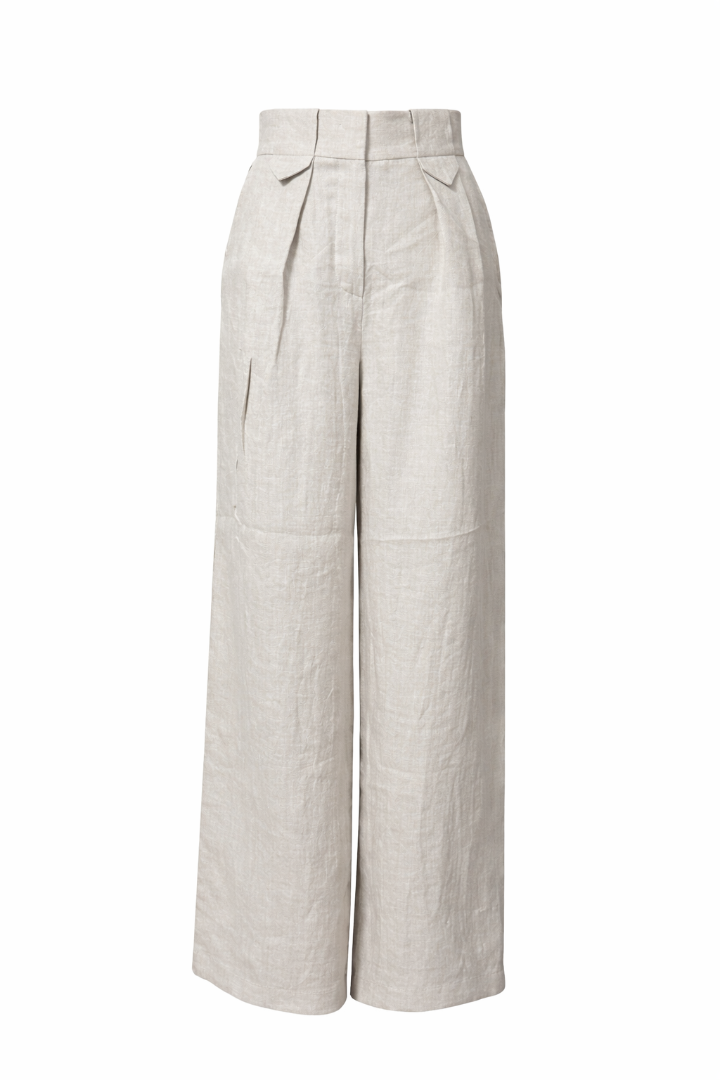 Stone linen high-waisted wide-leg trousers with front pleats and tailored waistband on white background