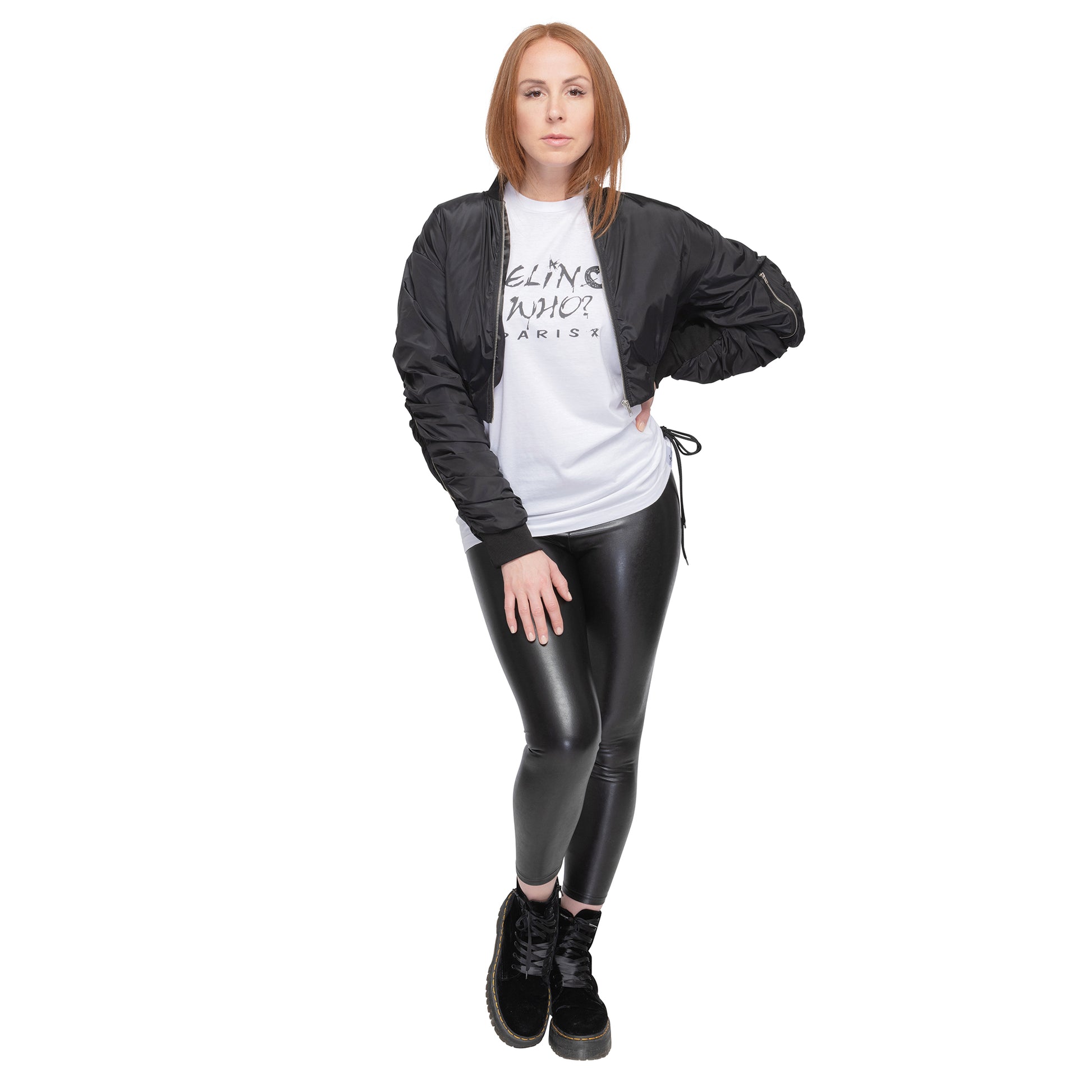 "Model wearing black cropped bomber jacket with ruched sleeves and two-way zipper