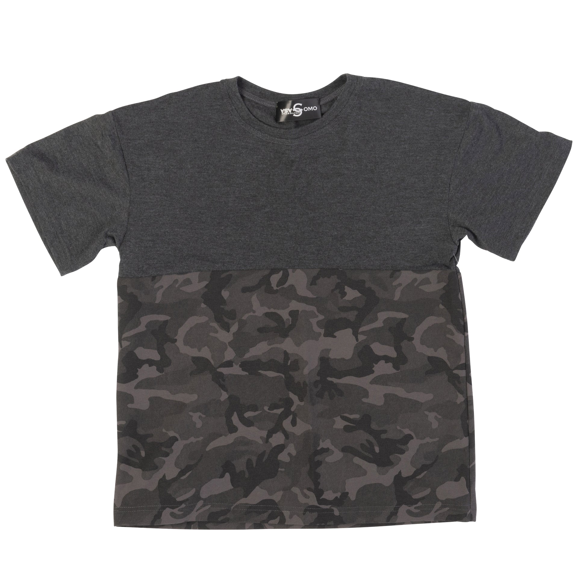 Flat lay of mix camo and charcoal grey unisex t-shirt