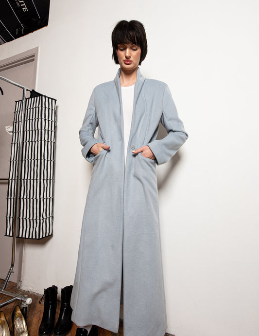 Model Wearing Casa Como Blue Wool Coat — Timeless Italian Outerwear