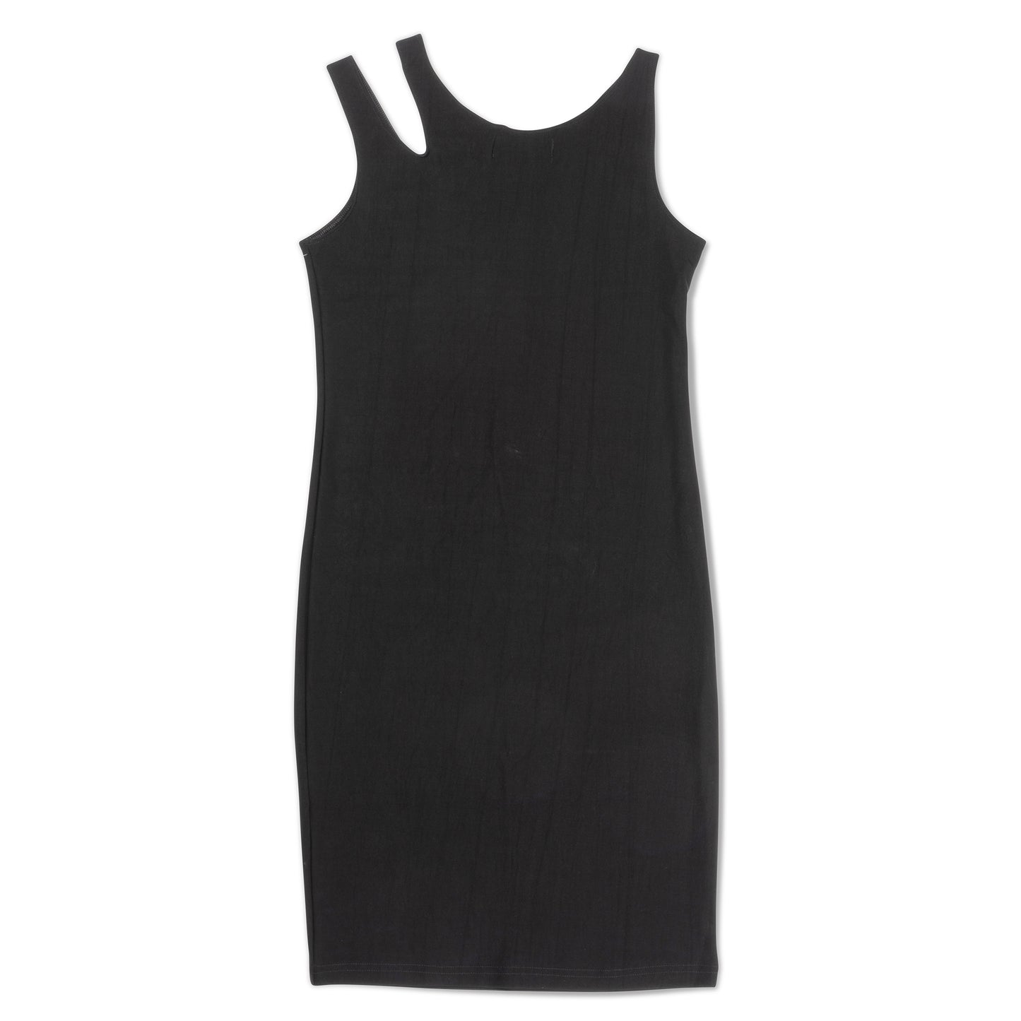 Back view of a black bodycon mini dress with double shoulder straps
