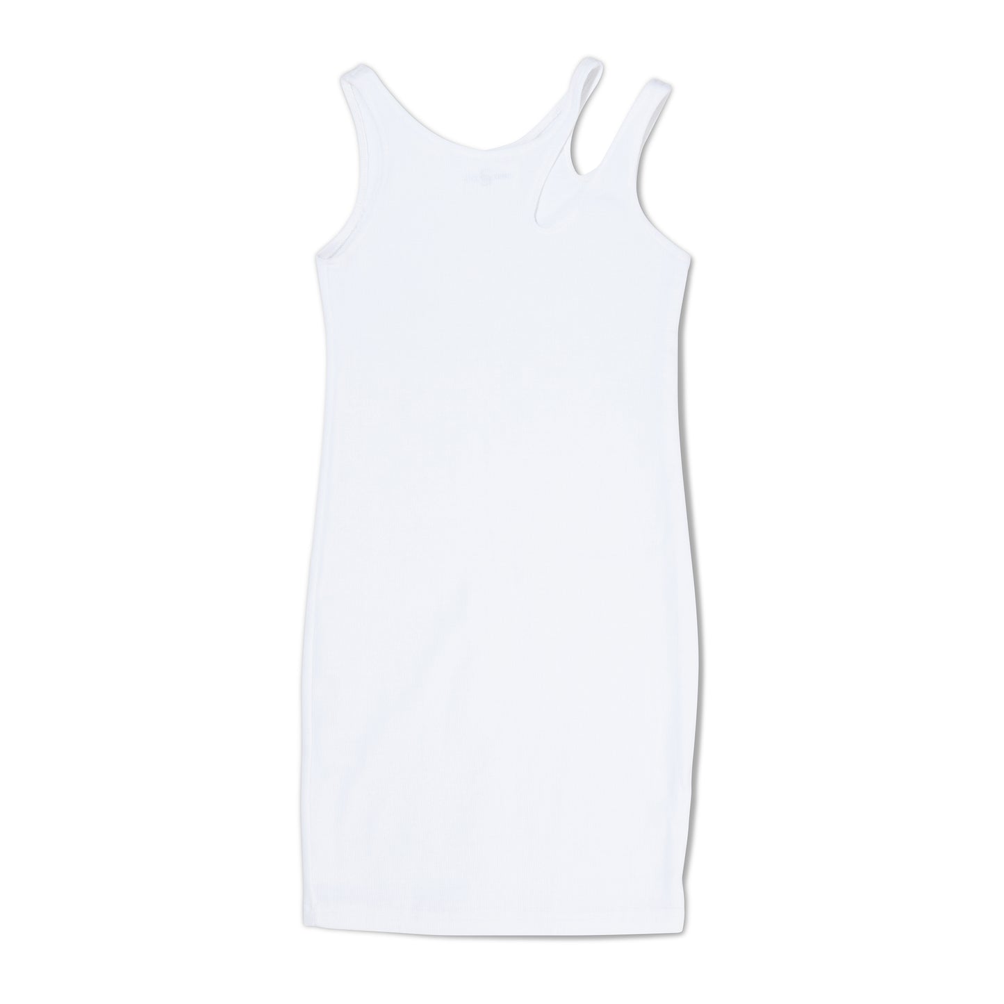 White asymmetrical strap bodycon cocktail dress flat lay view