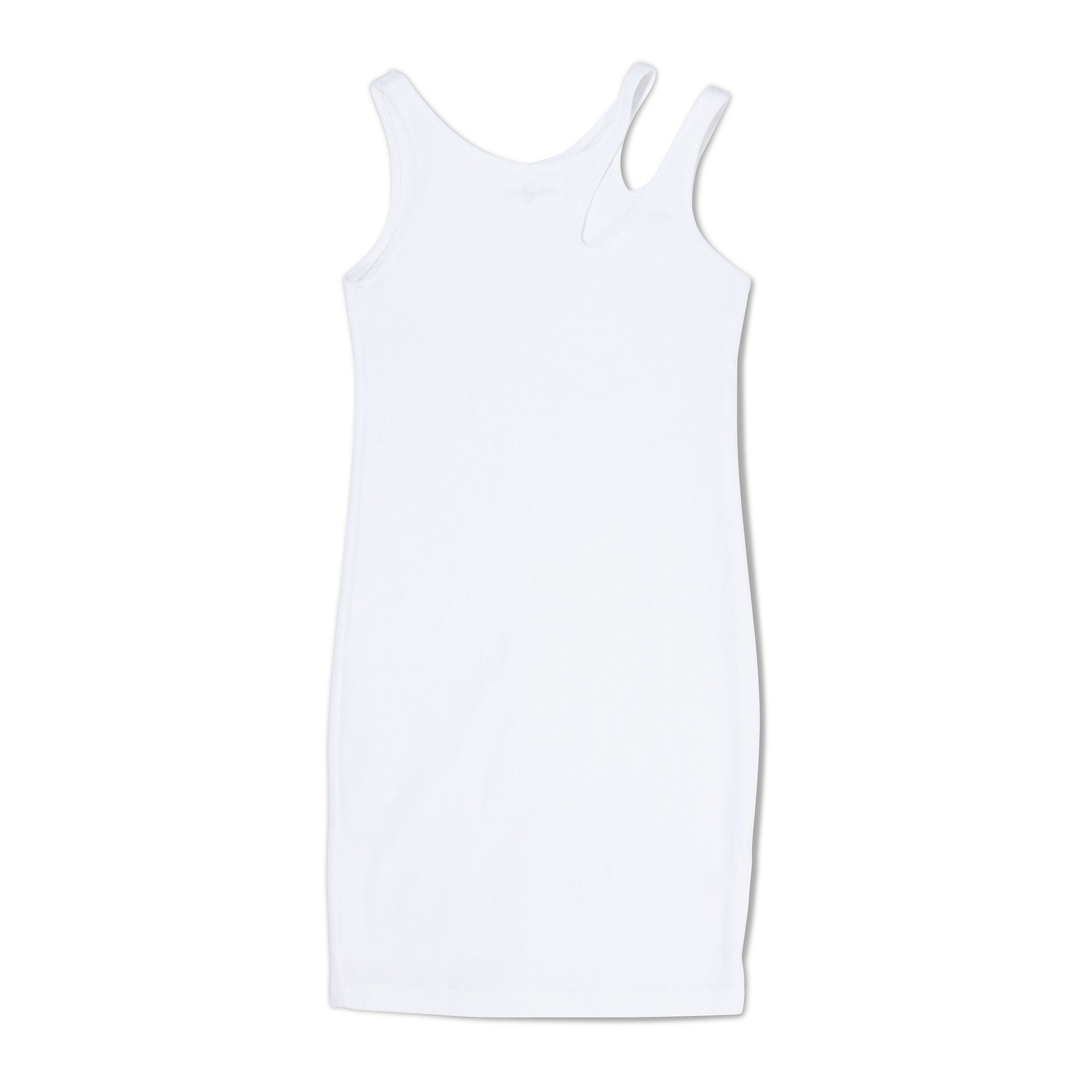 White asymmetrical strap bodycon cocktail dress flat lay view